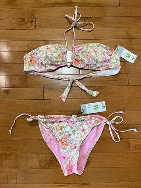 Primark U.K. Floral Tie-Back Bikini Set in Pastel Pink and Green